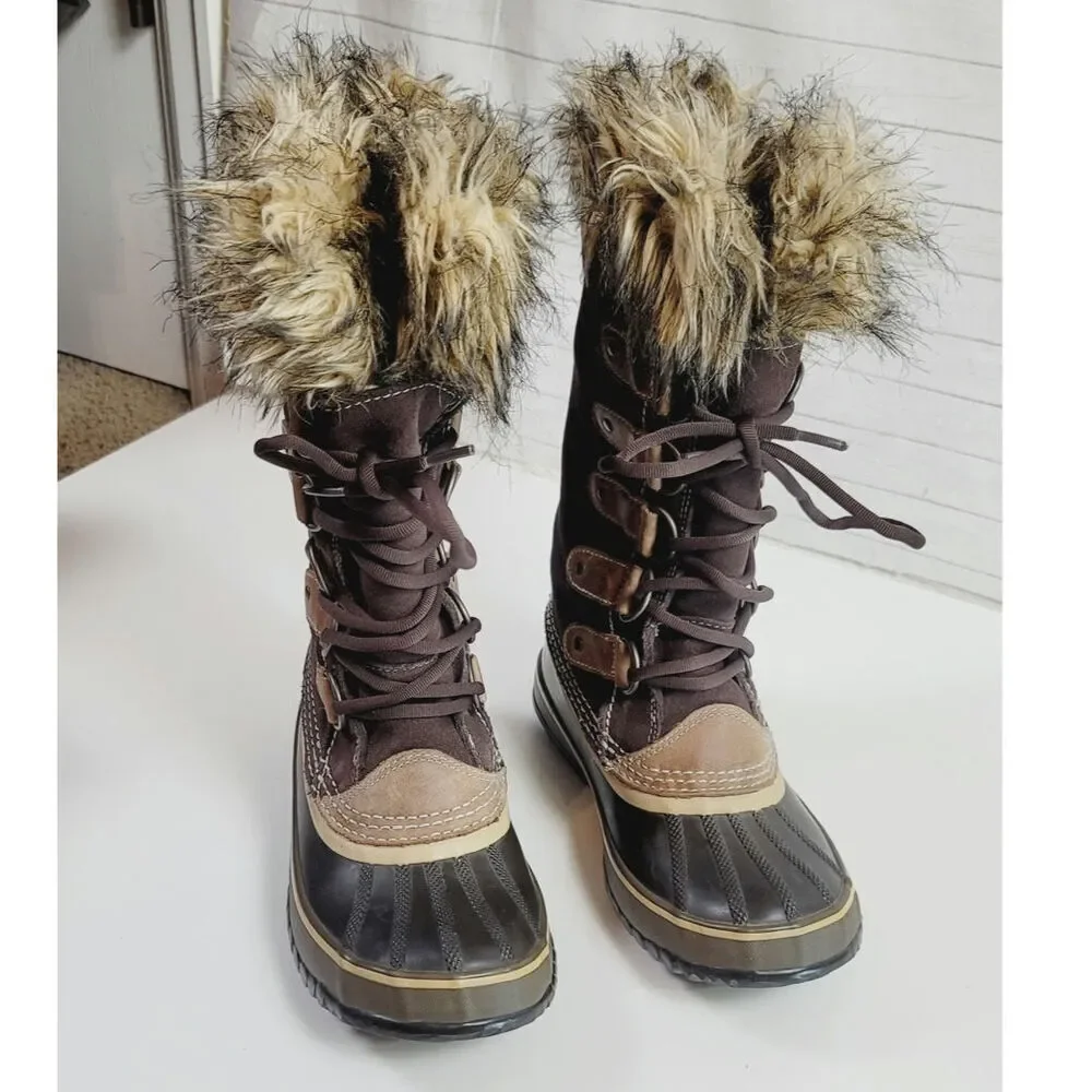 Sorel Joan Of Arctic Faux Fur Trim Waterproof  Snow Boots in Brown, sz 6